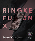 Galaxy S22 Ultra Case | Fusion-X - Camouflage phone case for Galaxy S22 Ultra floating between dark, textured rock formations.