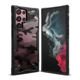 Galaxy S22 Ultra Case | Fusion-X - Black camouflage phone case shown from front and back angles on a white background.