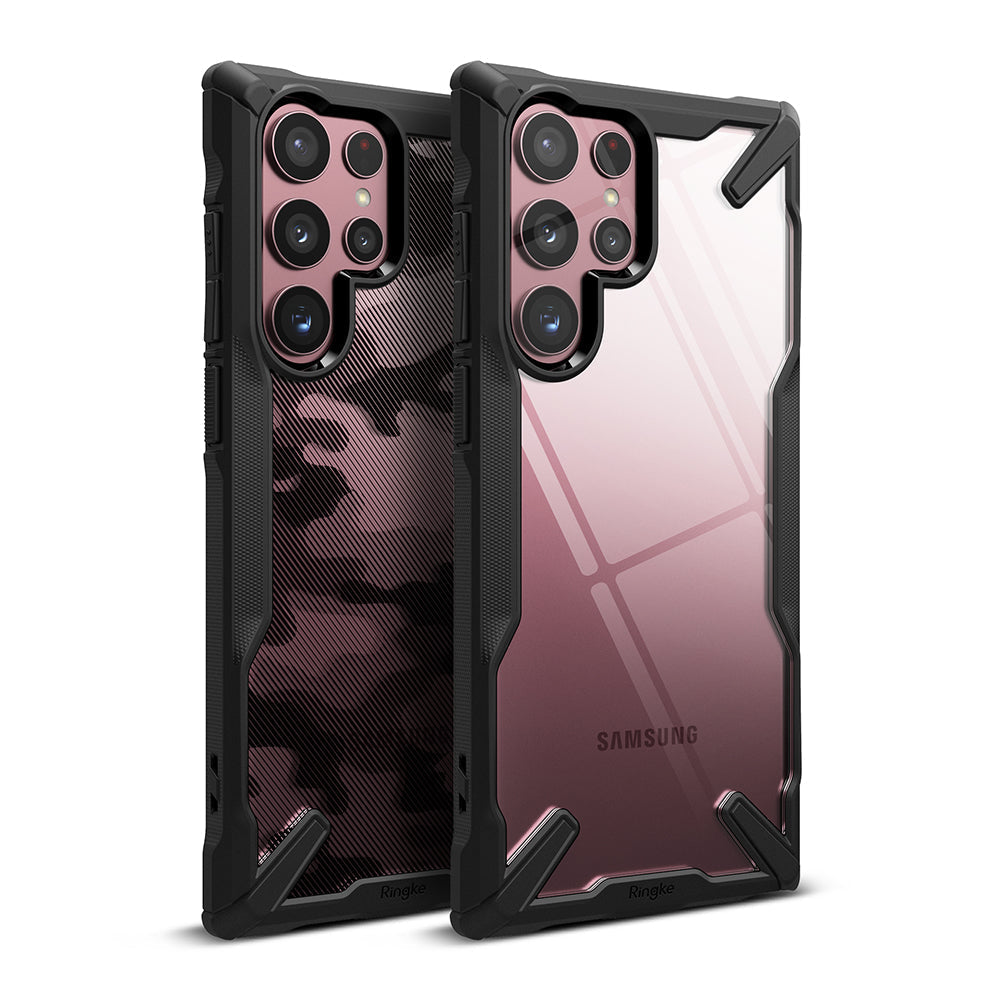 Galaxy S22 Ultra Case Combo | Fusion-X Case + Screen Protector - Galaxy S22 Ultra Case Combo - Two Samsung Galaxy S22 Ultra phones in black Fusion-X cases, one with camo and one clear back.