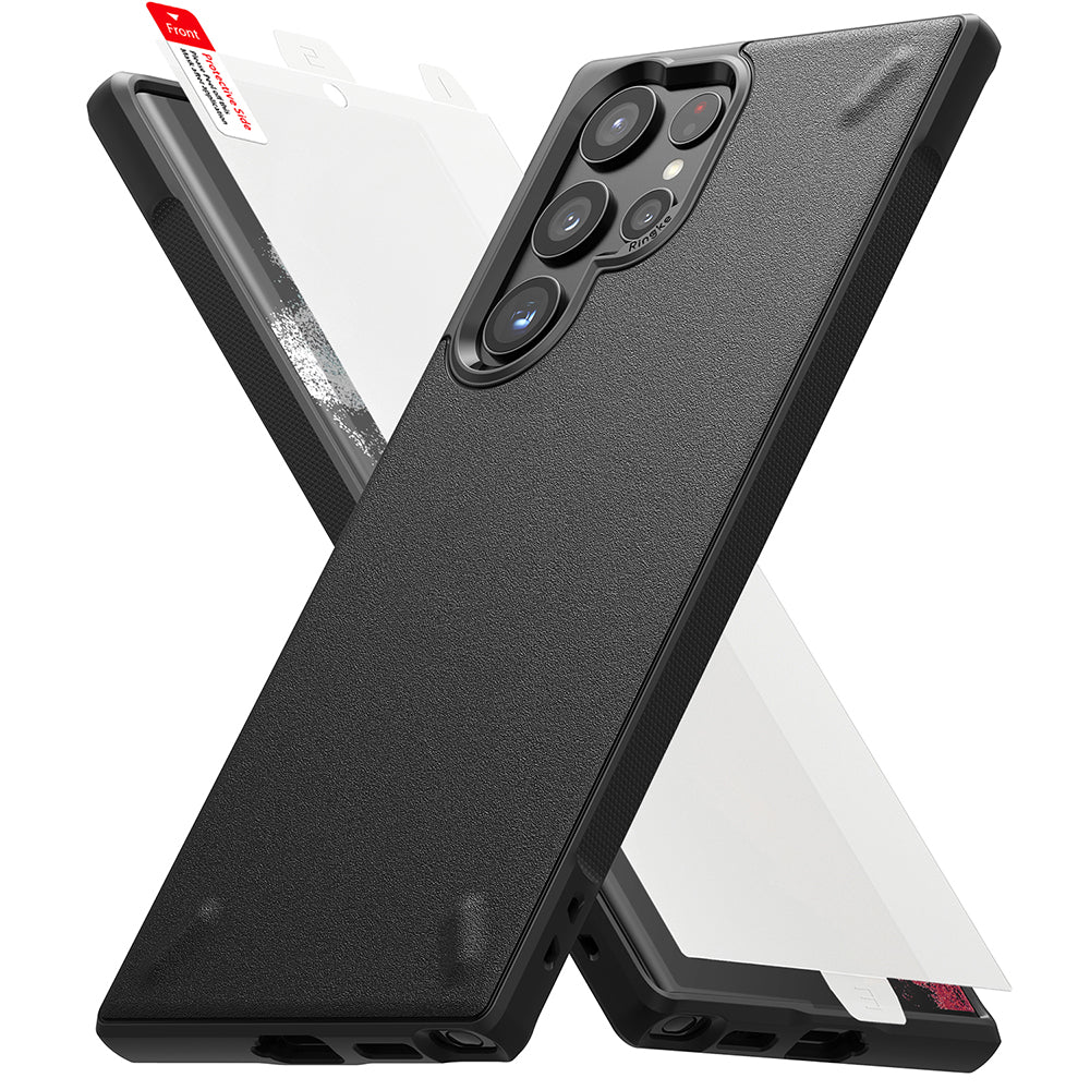 Galaxy S22 Ultra Case Combo | Onyx + Screen Protector - Black textured phone case and screen protector film.