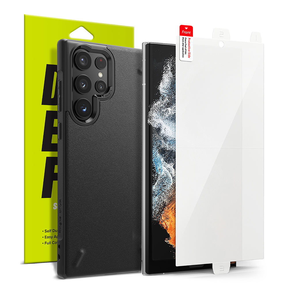 Galaxy S22 Ultra Case Combo | Onyx + Screen Protector - Galaxy S22 Ultra Case Combo - Black Onyx phone case and clear screen protector with installation tabs in retail packaging.