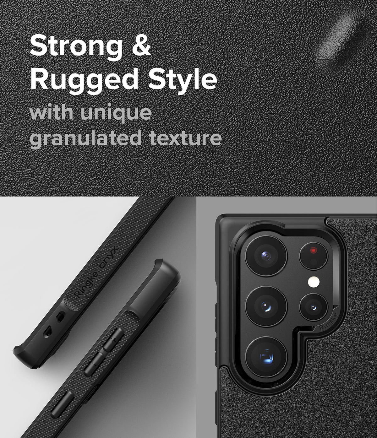 Galaxy S22 Ultra Case Combo | Onyx + Screen Protector - Black rugged phone case with granulated texture and camera cutout.
