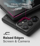 Galaxy S22 Ultra Case | Onyx - Close-up showing 1.5mm screen bezel and 1.3mm camera lip protection on a black phone case.