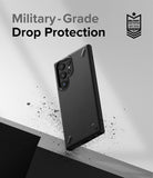 Galaxy S22 Ultra Case | Onyx - Black textured phone case floating with debris, featuring military-grade drop protection text.