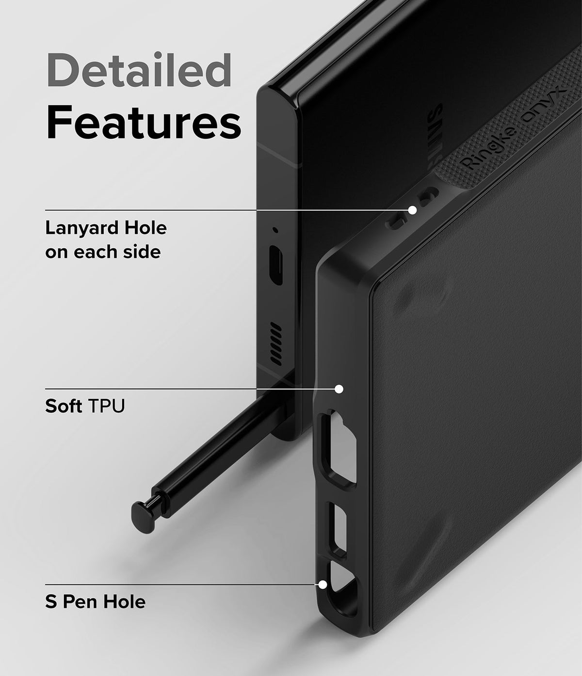 Galaxy S22 Ultra Case Combo | Onyx + Screen Protector - Close-up of black phone case highlighting lanyard, TPU, and S Pen.