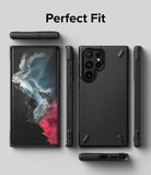 Galaxy S22 Ultra Case | Onyx - Multiple views of a black phone case showing precise cutouts and textured back design.