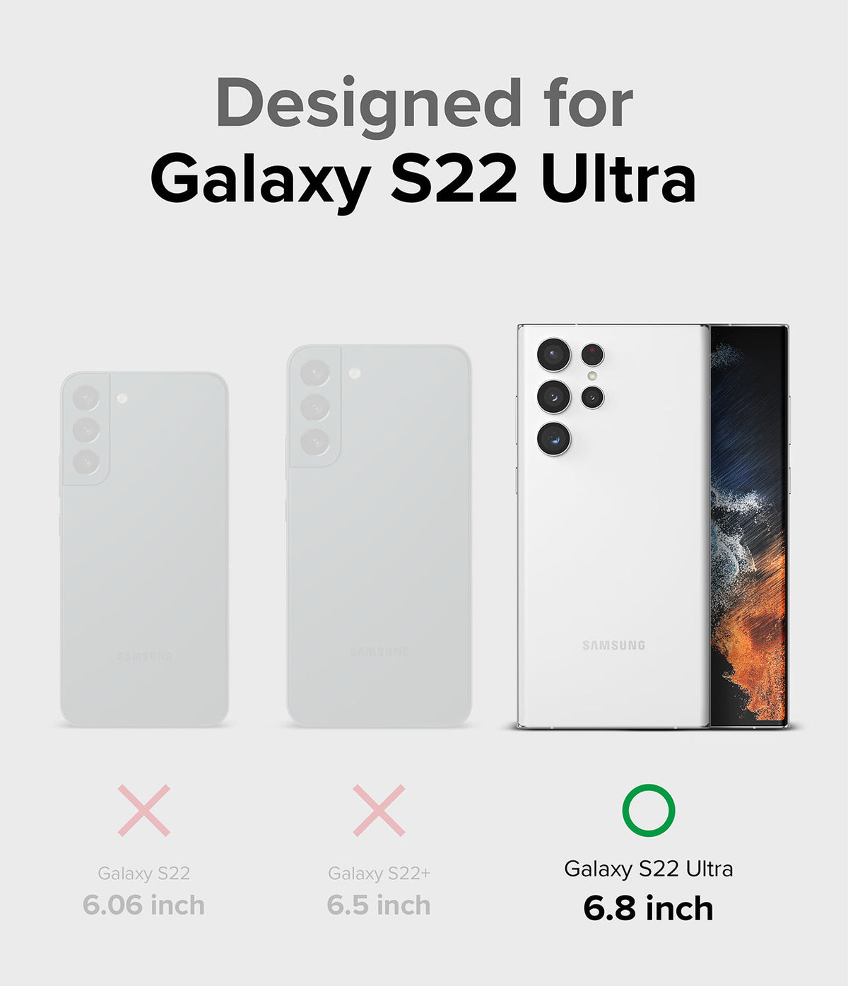 Galaxy S22 Ultra Case Combo | Onyx + Screen Protector - Comparison chart showing Galaxy S22, S22+, and S22 Ultra sizes.
