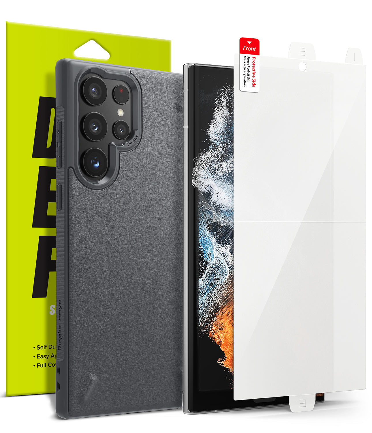 Galaxy S22 Ultra Case Combo | Onyx + Screen Protector - Matte black phone case and screen protector with packaging.