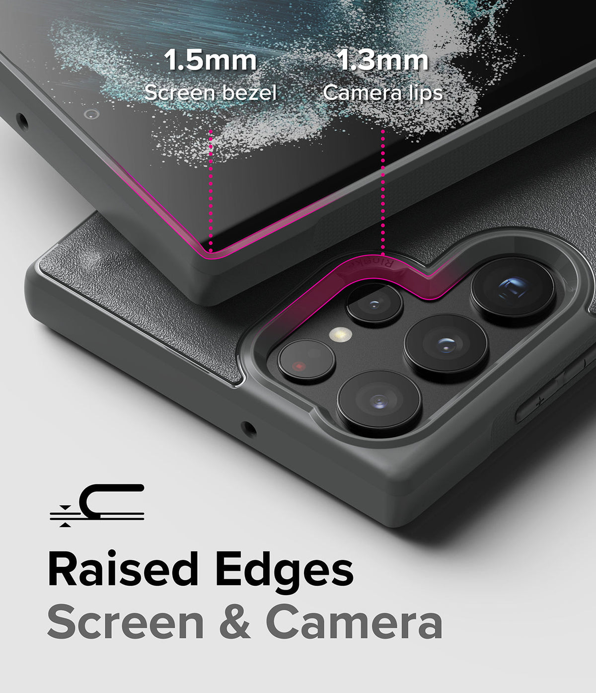 Galaxy S22 Ultra Case Combo | Onyx + Screen Protector - Galaxy S22 Ultra Case Combo - Close-up showing 1.5mm screen bezel and 1.3mm camera lip protection on a black phone case.