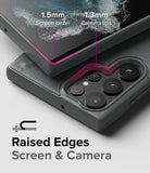 Galaxy S22 Ultra Case Combo | Onyx + Screen Protector - Galaxy S22 Ultra Case Combo - Close-up showing 1.5mm screen bezel and 1.3mm camera lip protection on a black phone case.