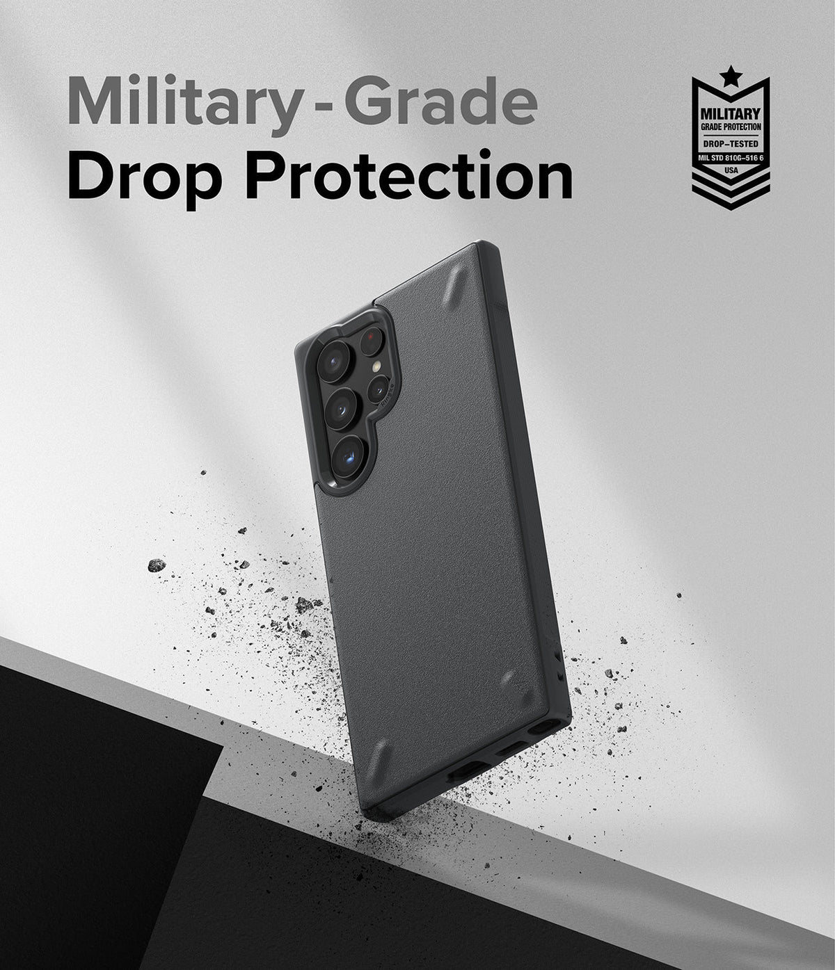 Galaxy S22 Ultra Case Combo | Onyx + Screen Protector - Black phone case with camera protection and debris effect.