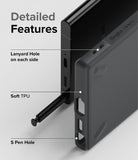 Galaxy S22 Ultra Case | Onyx - Close-up of black phone case highlighting lanyard holes, soft TPU material, and S Pen access.