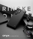 Galaxy S22 Ultra Case | Onyx - Matte black phone case on a Galaxy S22 Ultra, set against a dark, minimalist background.