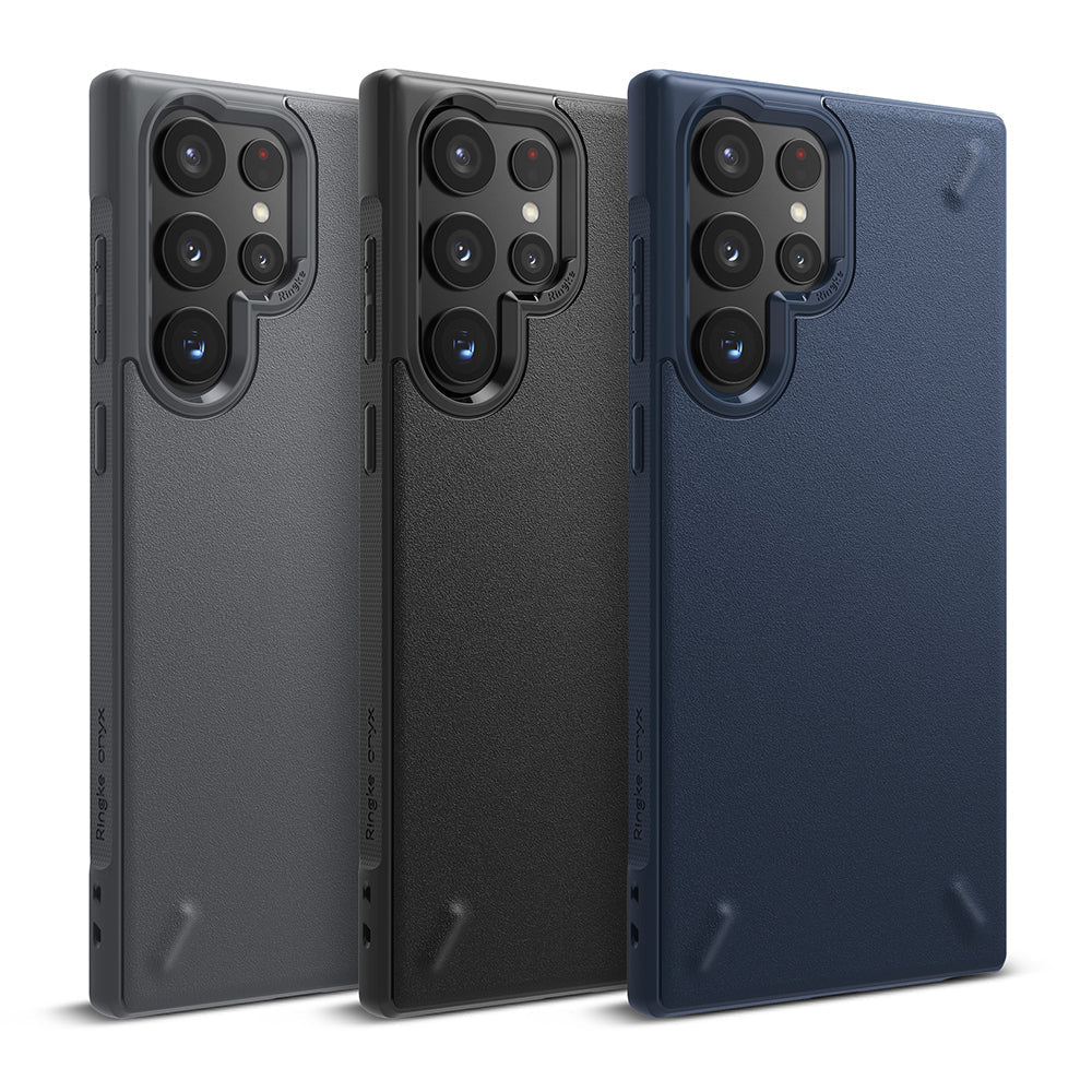 Galaxy S22 Ultra Case Combo | Onyx + Screen Protector - Three Galaxy S22 Ultra phones in gray, black, and navy cases.