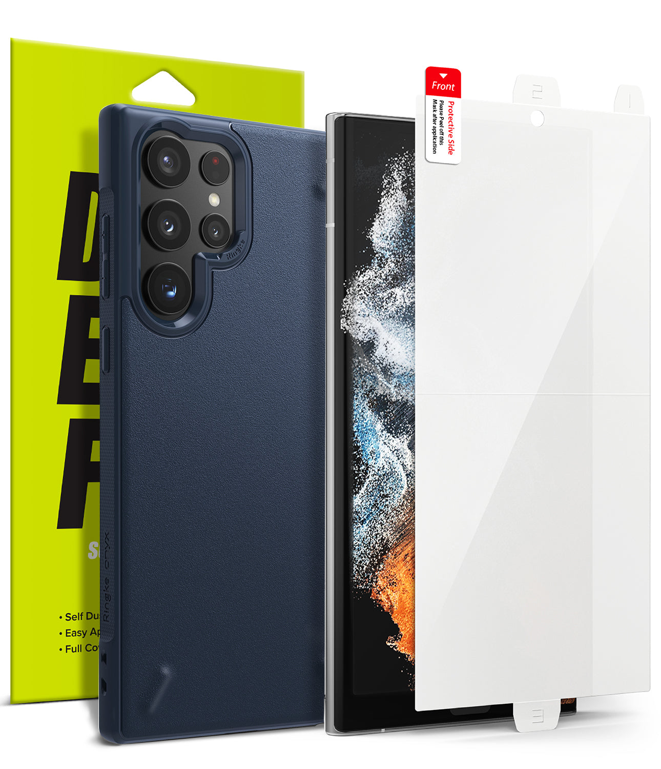 Galaxy S22 Ultra Case Combo | Onyx + Screen Protector - Navy blue phone case and screen protector with packaging.