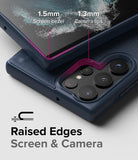 Galaxy S22 Ultra Case | Onyx - Close-up showing 1.5mm screen bezel and 1.3mm camera lip protection on a navy phone case.