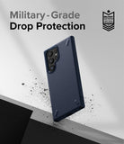 Galaxy S22 Ultra Case | Onyx - Navy blue phone case floating above a surface with debris and military-grade protection text.