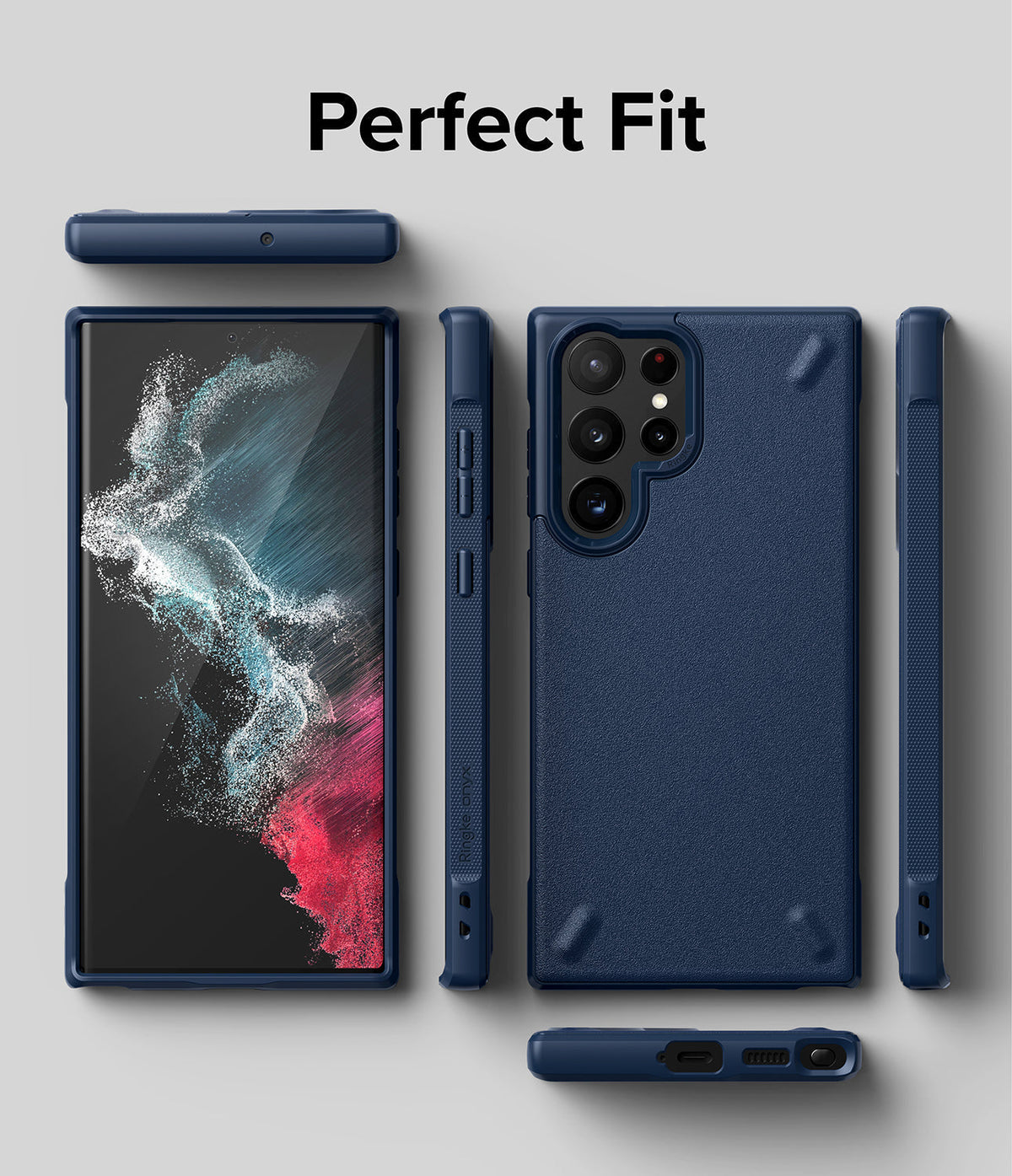 Galaxy S22 Ultra Case Combo | Onyx + Screen Protector - Navy blue phone case shown from multiple angles with screen.