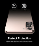Galaxy S22 Plus Case Combo | Fusion Case + Screen Protector + Camera Protector - Galaxy S22 Plus Case Combo - Rose gold phone with camera lens protector, True Touch and Anti-Fingerprint icons on black.