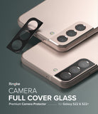 Galaxy S22 Plus Case Combo | Fusion Case + Screen Protector + Camera Protector - Galaxy S22 Plus Case Combo - Rose gold phone with a black glass camera protector being applied to the lens module.