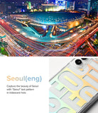 Galaxy S22 Case | Fusion Design - Clear phone case with iridescent Seoul text pattern over a night view of Seoul.