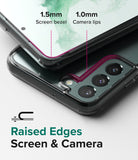 Galaxy S22 Plus Case | Fusion - Close-up showing 1.5mm screen bezel and 1.0mm camera lip protection on a clear phone case.