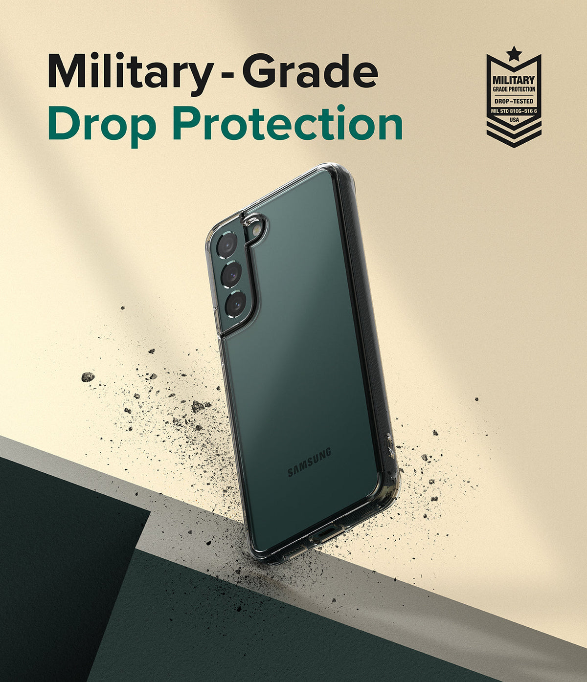 Galaxy S22 Case | Fusion - Clear protective phone case on a Galaxy S22 with military-grade drop protection branding.