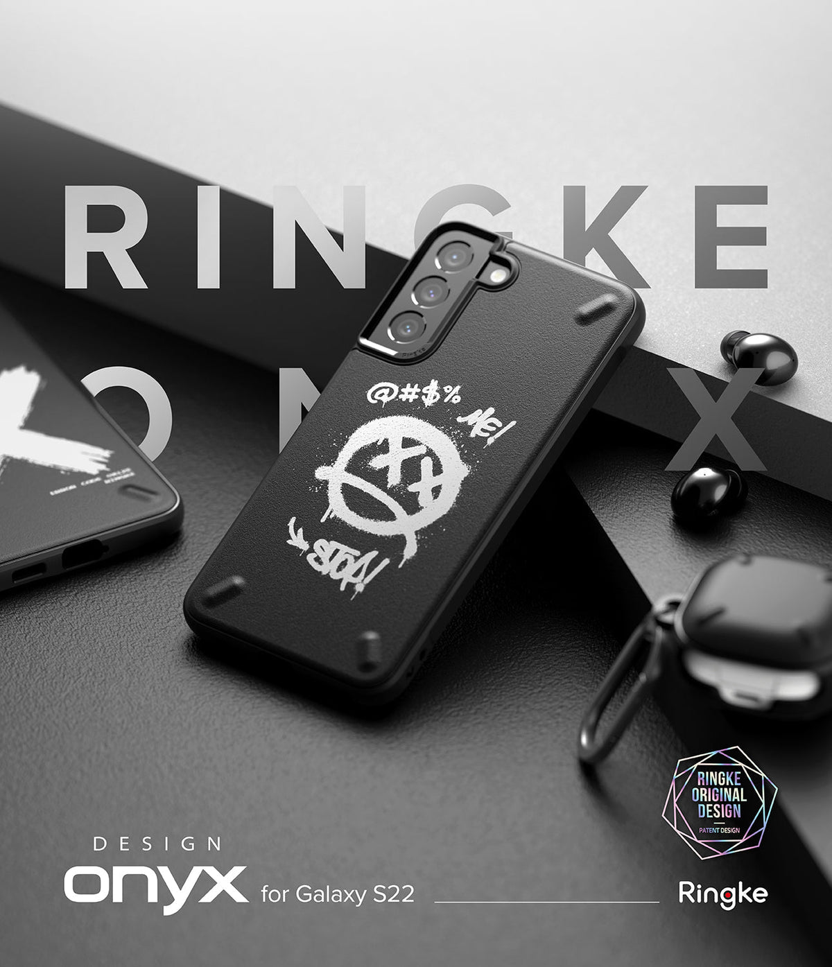 Galaxy S22 Plus Case | Onyx Design - Black phone case with white graffiti-style smiley face and text on a dark surface.