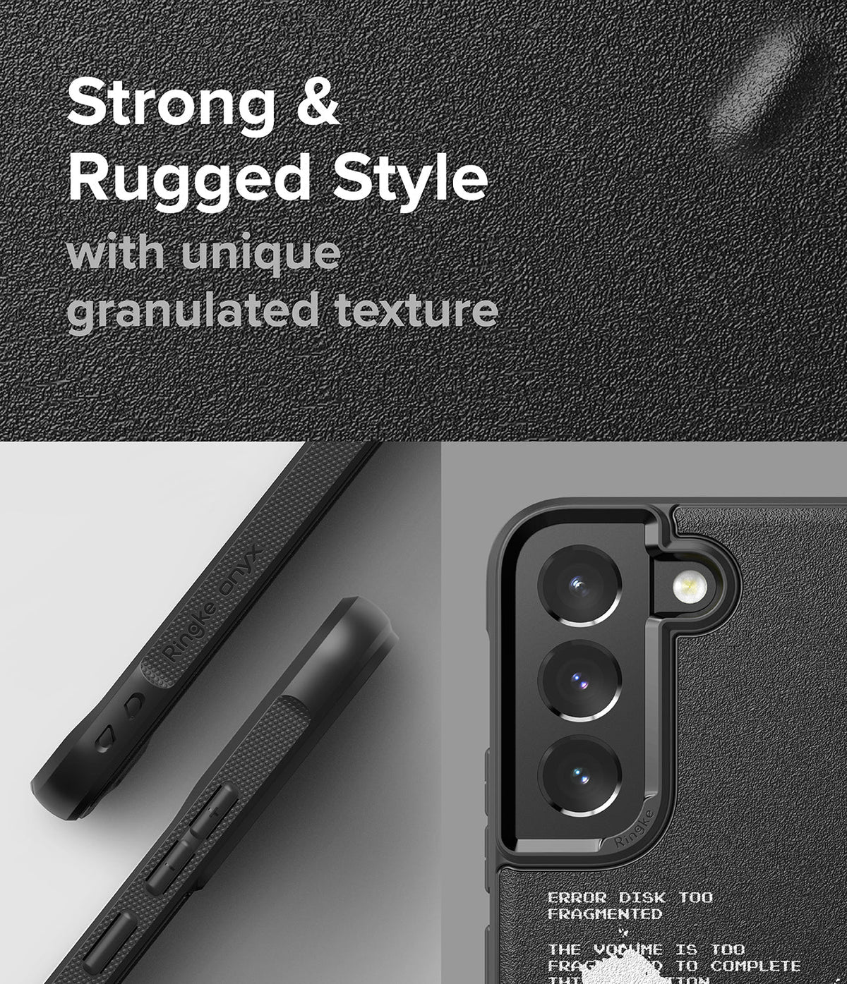 Galaxy S22 Plus Case | Onyx Design - Black phone case with a rugged, granulated texture and camera lens cutouts.