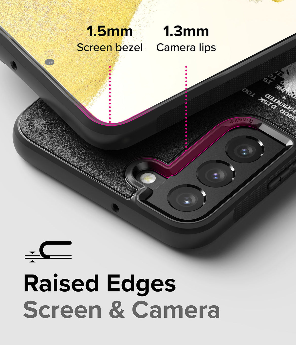 Galaxy S22 Plus Case | Onyx Design - Close-up showing 1.5mm screen bezel and 1.3mm camera lip protection on a black phone case.
