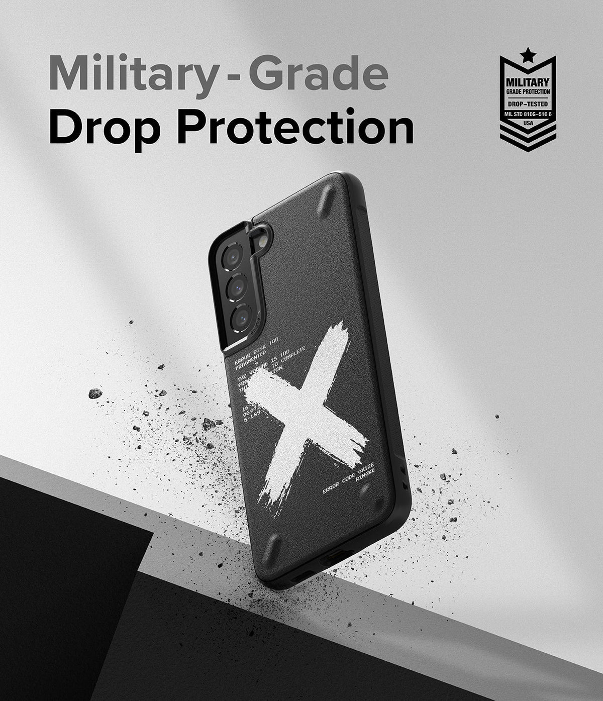 Galaxy S22 Plus Case | Onyx Design - Black phone case with white X graphic and text, floating with debris against grey.