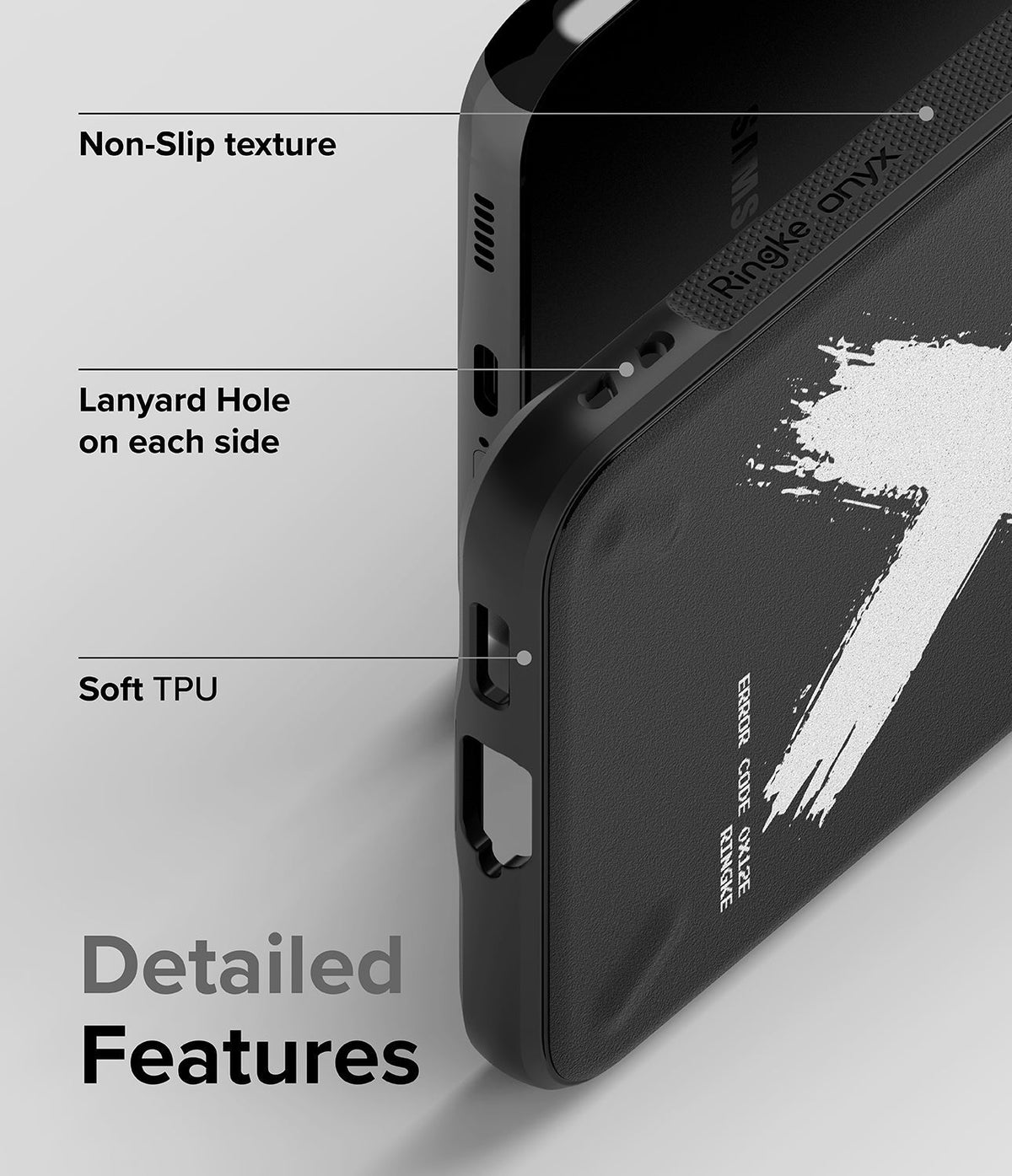 Galaxy S22 Plus Case | Onyx Design - Close-up of black phone case highlighting non-slip texture, lanyard holes, and soft TPU.