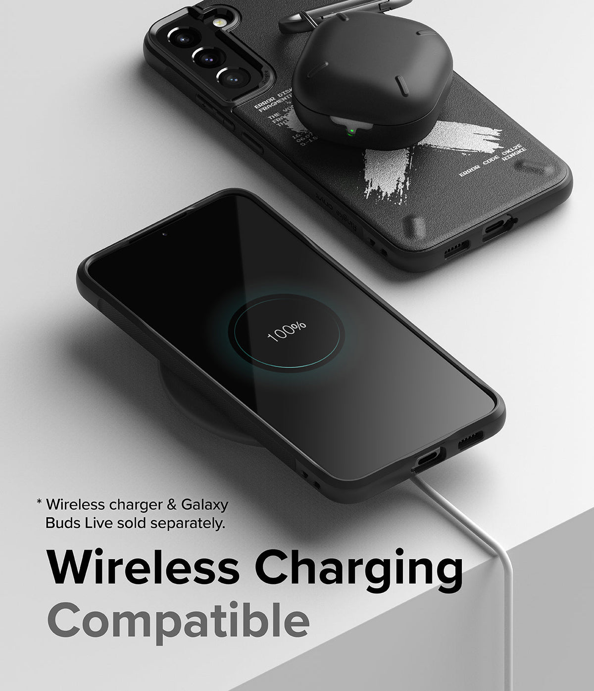 Galaxy S22 Plus Case | Onyx Design - Phone with Onyx case charging wirelessly with earbuds case on top.