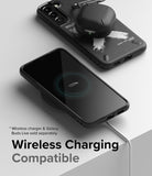 Galaxy S22 Plus Case | Onyx Design - Phone with Onyx case charging wirelessly with earbuds case on top.
