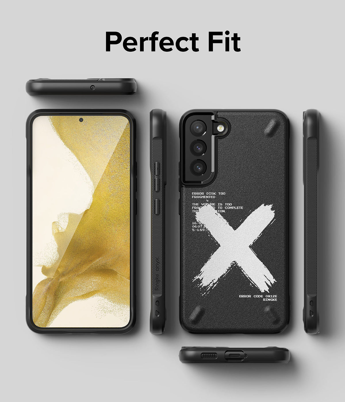 Galaxy S22 Plus Case | Onyx Design - Black phone case with white X graphic shown from front, back, and side angles.