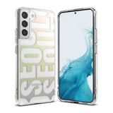 Galaxy S22 Plus Case | Fusion Design - Clear phone case with Seoul typography on the back and a blue abstract screen.