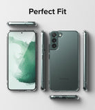 Galaxy S22 Plus Case Combo | Fusion Case + Screen Protector + Camera Protector - Galaxy S22 Plus Case Combo - Clear protective case shown from multiple angles on a green phone with "Perfect Fit" text.