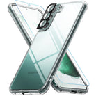 Galaxy S22 Plus Case Combo | Fusion Case + Screen Protector + Camera Protector - Galaxy S22 Plus Case Combo - Clear phone case, screen protector, and black camera lens cover floating around a smartphone.