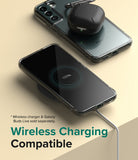 Galaxy S22 Plus Case Combo | Fusion Case + Screen Protector + Camera Protector - Galaxy S22 Plus Case Combo - Clear phone case on a wireless charger with a charging Galaxy Buds case on top.