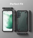 Galaxy S22 Plus Case Combo | Fusion-X Case + Screen Protector + Camera Protector - Galaxy S22 Plus Case Combo - Multiple views of a black rugged phone case with a clear back on a Samsung Galaxy S22 Plus.