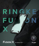 Galaxy S22 Plus Case Combo | Fusion-X Case + Screen Protector + Camera Protector - Galaxy S22 Plus Case Combo - A black Ringke Fusion-X case on a Galaxy S22 Plus phone against a dark, rocky background.