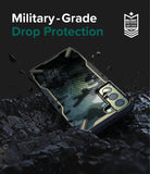 Galaxy S22 Plus Case Combo | Fusion-X Case + Screen Protector + Camera Protector - Galaxy S22 Plus Case Combo - Rugged phone case on charred wood with text highlighting military-grade drop protection.