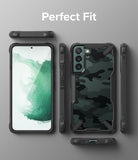 Galaxy S22 Plus Case Combo | Fusion-X Case + Screen Protector + Camera Protector - Galaxy S22 Plus Case Combo - Exploded view of a black camo phone case surrounding a Galaxy S22 Plus with a green screen.