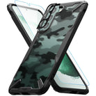 Galaxy S22 Plus Case Combo | Fusion-X Case + Screen Protector + Camera Protector - Galaxy S22 Plus Case Combo - Camouflage Fusion-X phone case with screen and camera protectors floating in an X-shape.