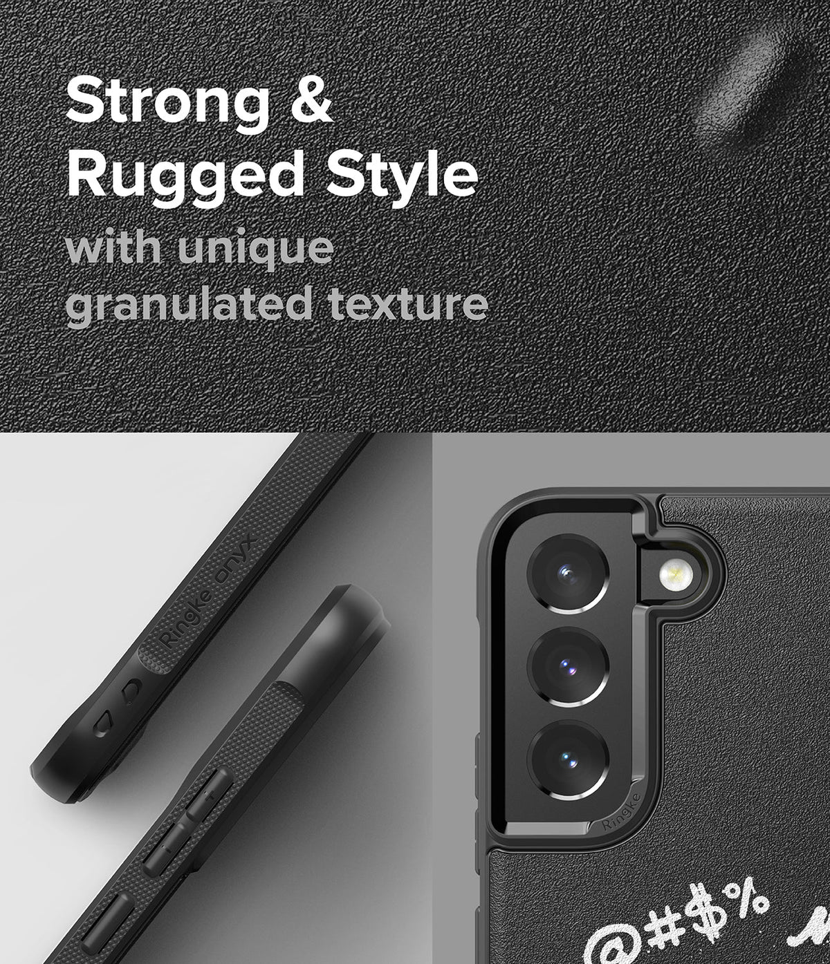 Galaxy S22 Plus Case | Onyx Design - Black phone case with granulated texture, side button details, and triple camera cutout.