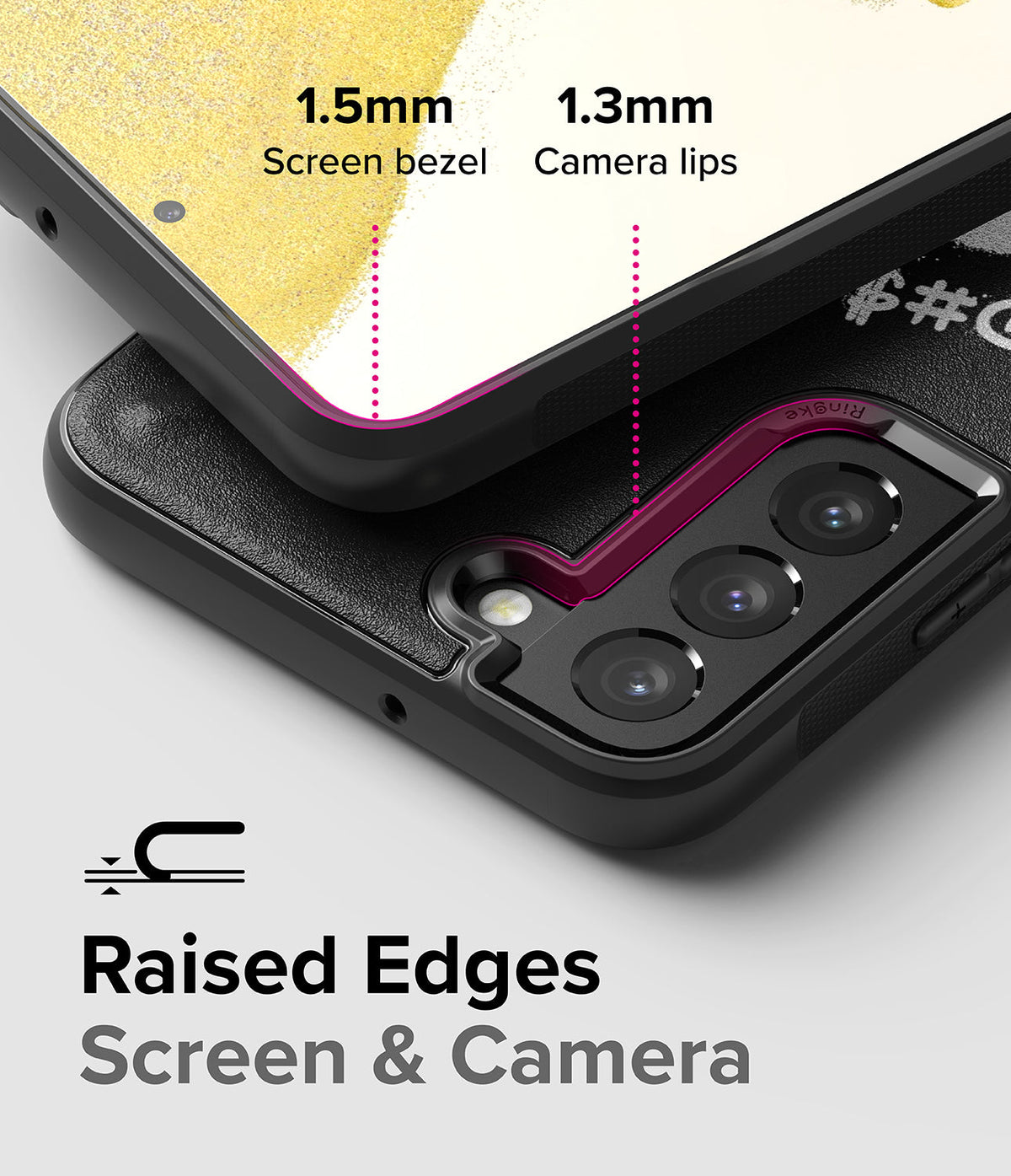 Galaxy S22 Plus Case | Onyx Design - Diagram showing 1.5mm screen bezel and 1.3mm camera lip protection on a black phone case.