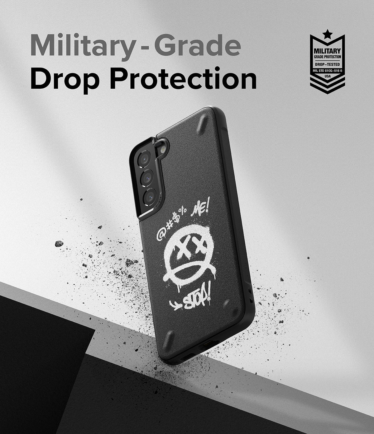 Galaxy S22 Plus Case | Onyx Design - Black phone case with white graffiti art floating above a surface with debris.