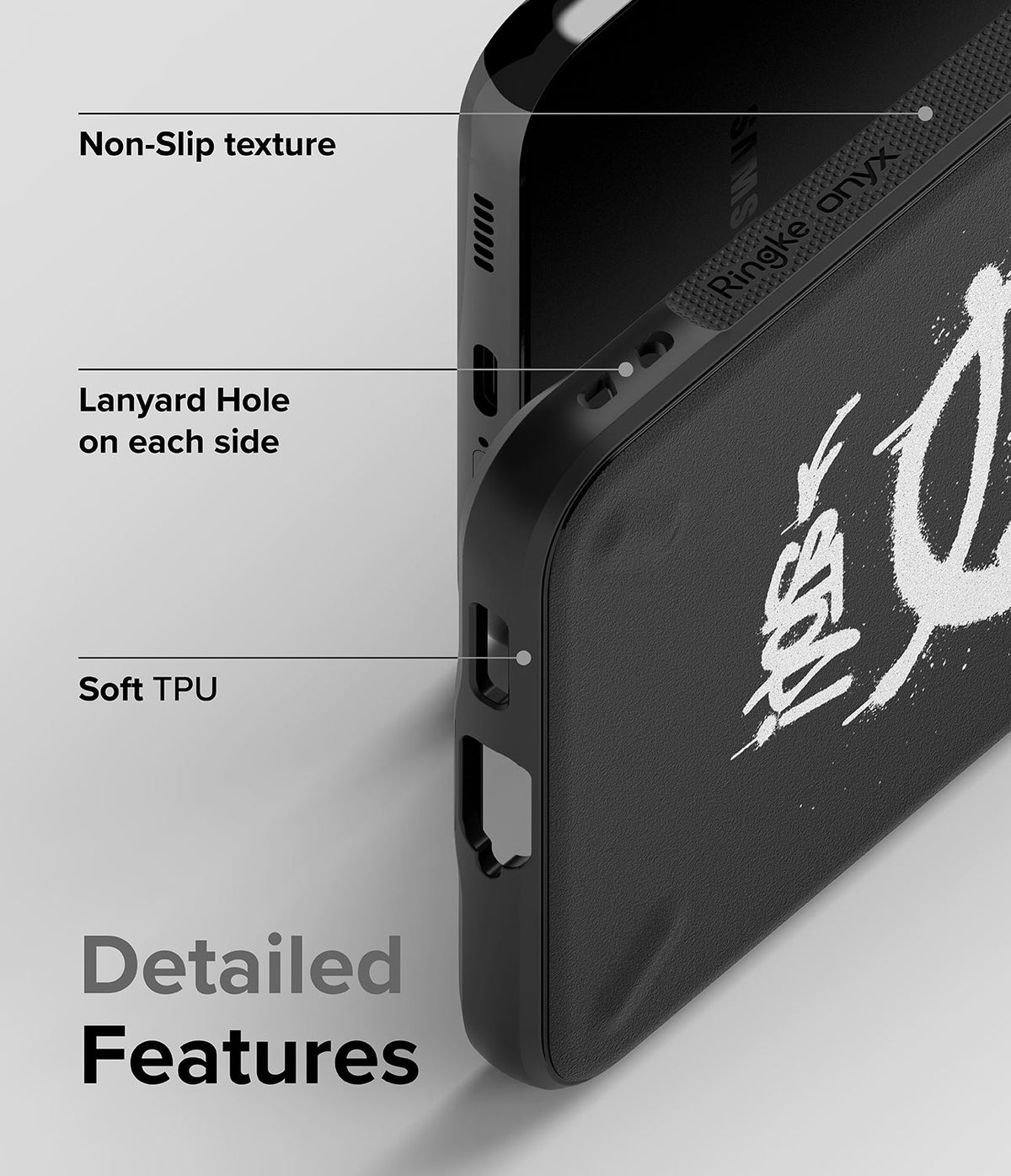 Galaxy S22 Plus Case | Onyx Design - Close-up of black phone case highlighting non-slip texture, lanyard holes, and TPU.