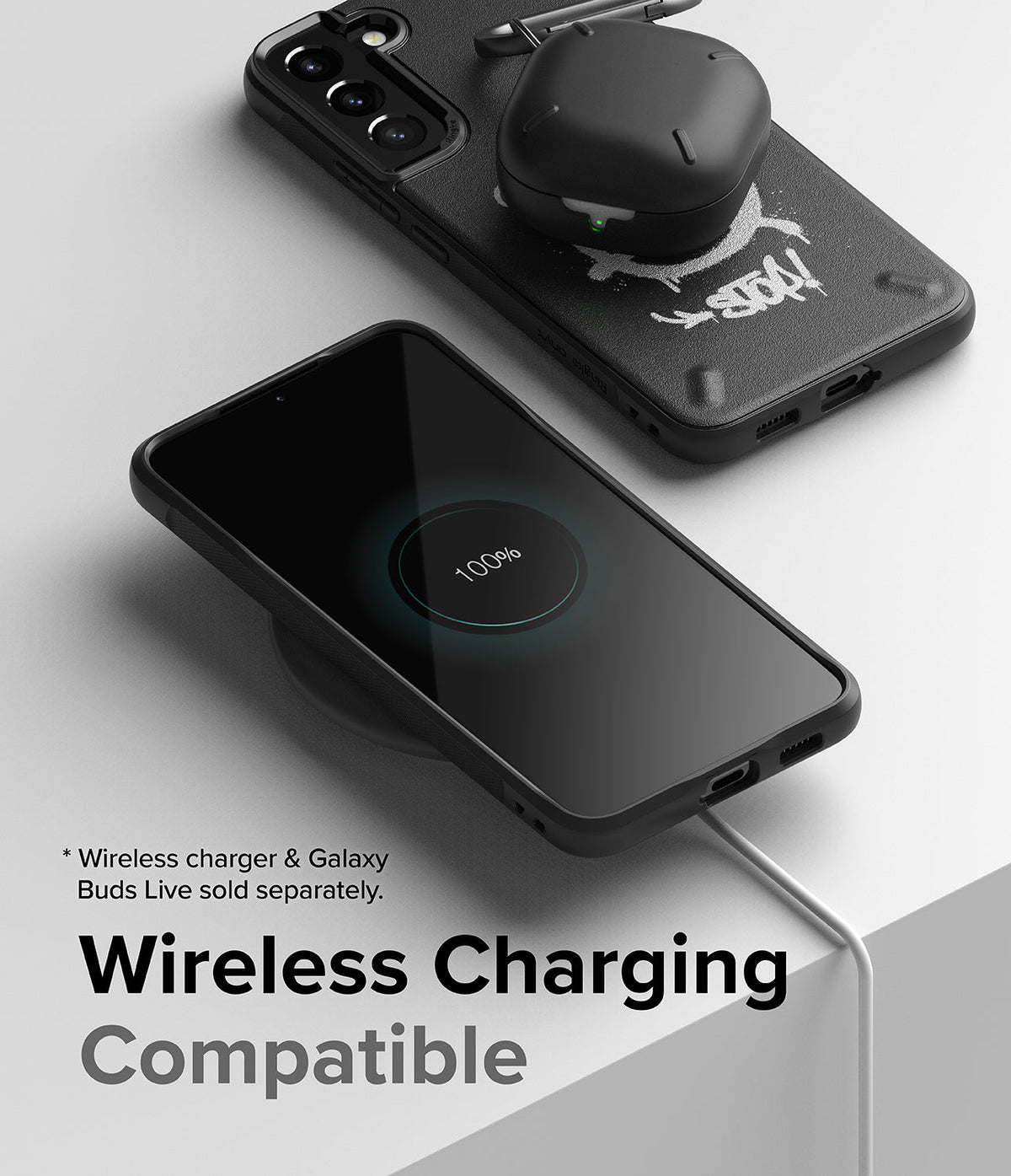 Galaxy S22 Plus Case | Onyx Design - Black phone case with wireless charging, showing 100% battery and earbuds on top.