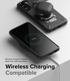 Galaxy S22 Plus Case | Onyx Design - Black phone case with wireless charging, showing 100% battery and earbuds on top.